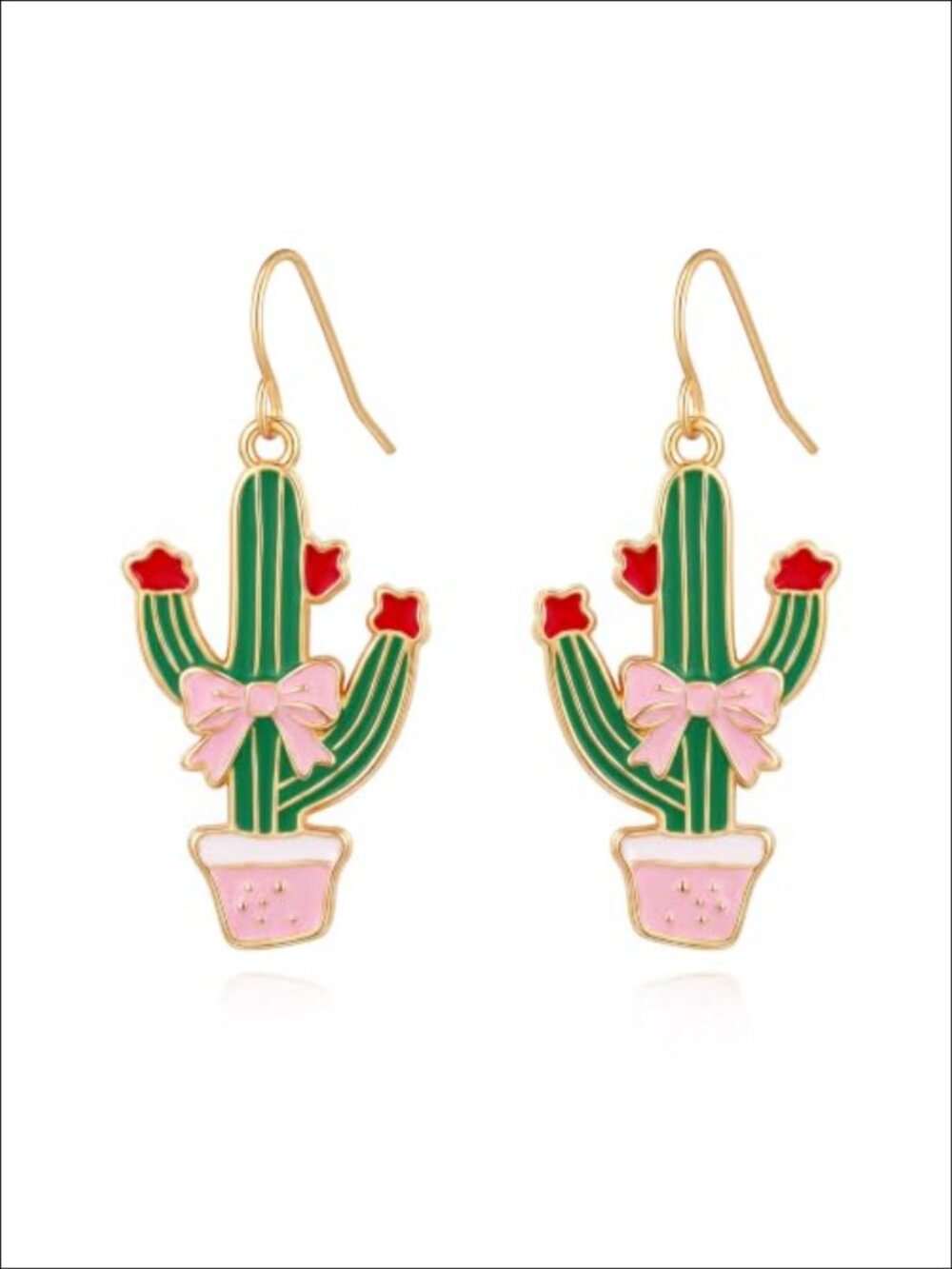 Cactus Bow Flower Dangle Earrings Metal Enamel French Wire Western Boho